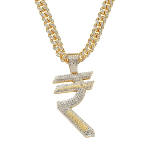 Hip hop style gold plated Cuban chain necklace with iced-out Rupee symbol pendant