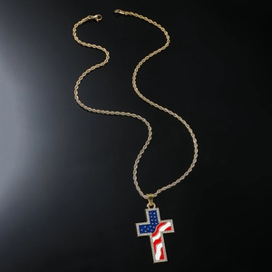 Hip Hop Herren US Flagge Kreuz Anhänger Halskette Edelstahl Kordelkette Gold Silber Strass Eingelegt Patriotischer Schmuck