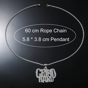 Men's hip-hop iced out GRIND HARD pendant necklace with a 60cm twist rope chain