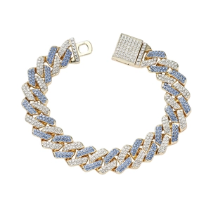 Hip hop gold Cuban link bracelet with white and blue pavé diamonds for men