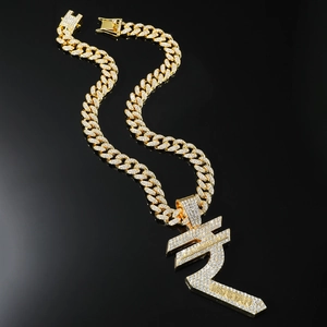 Iced-out gold Rupee symbol pendant necklace with Hustle engraving on Cuban link chain