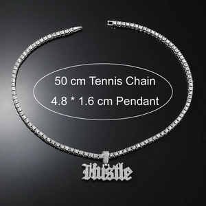 Chaîne tennis argentée de 50cm avec pendentif Hustle glacé et pierres de zircon 4mm