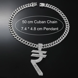 Silver iced-out Rupee symbol pendant necklace with Cuban chain for men in hip hop style