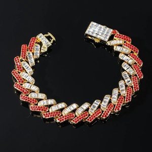 Bracelet Chaîne Cubaine Hip Hop pour Hommes en Alliage de Zinc Incrusté de Strass Rouges Blancs Bijoux Plaqué Or Argent