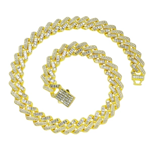 Chaîne cubaine plaquée or hip-hop avec diamants taille baguette et pavé pour hommes