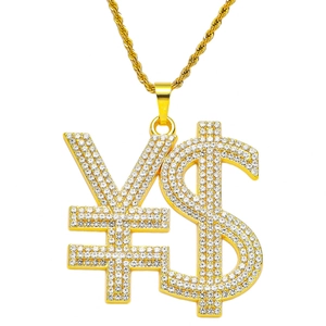 Close-up of hip hop gold twist chain with iced-out dollar and yen symbol pendant