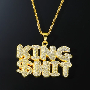 Collar hip hop con colgante de letras KING $HIT y cristales brillantes en cadena de cuerda