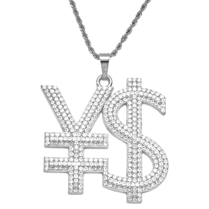 Hip-hop silver rope chain with iced-out dollar and yen sign pendant on white background