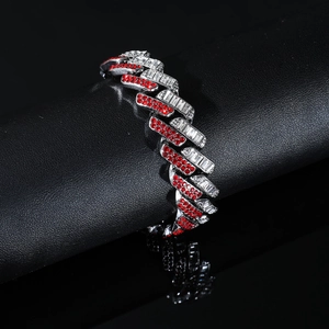 Bracelet cubain hip-hop 15mm argenté avec strass rouges et blancs étincelants