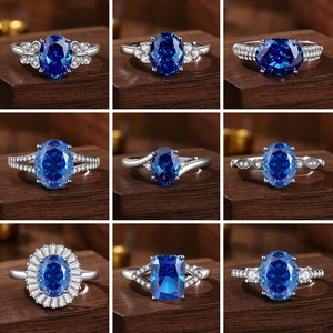 S925 Sterling Silver Royal Blue Radiant Cut Sapphire Style Ring Women Light Luxury High Carbon Rhinestone Inlaid Ring Jewelry