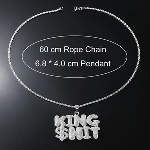 Collar con colgante King $hit brillante y cadena de cuerda plateada 60cm estilo hip hop