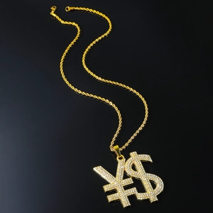 Iced out dollar and yen symbol pendant necklace with gold rope chain for hip hop style