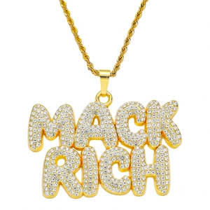 Hip-Hop MACK RICH Buchstaben Anhänger Halskette Für Herren Zinklegierung Strass Eingelegt Kordelkette Streetwear Schmuck