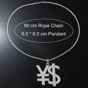Iced out silver dollar and yen sign pendant with a 60cm rope chain in hip hop style