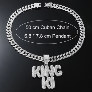 Hip hop silver plated Cuban chain with iced out KING KI letter pendant 50cm necklace