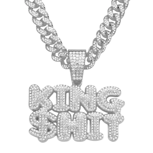 Iced out silver Cuban link chain with sparkling diamond KING SHIT letter pendant