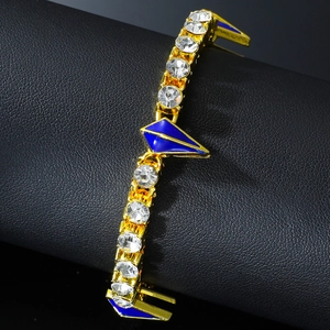 Bracelet tennis hip hop doré avec diamants et charmes en émail bleu pour hommes