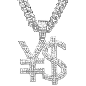 Collier hip hop avec pendentif signe Yen et Dollar et chaîne cubaine argentée sertie
