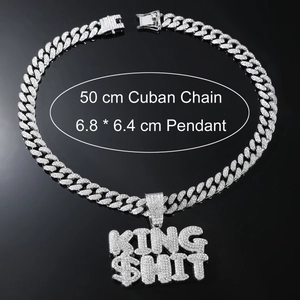 Hip hop silver Cuban chain necklace with iced-out KING SHIT letter pendant and clear zircons