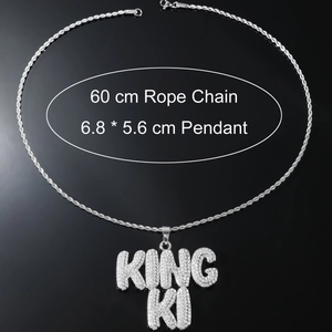 Collier chaîne corde hip hop avec pendentif KING KI serti de diamants argentés