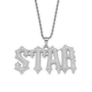 Collier pendentif STAR style hip hop en argent avec pierres CZ et chaîne de corde