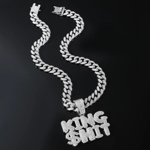Iced out silver Cuban link chain with KING $HIT letter pendant for hip hop style