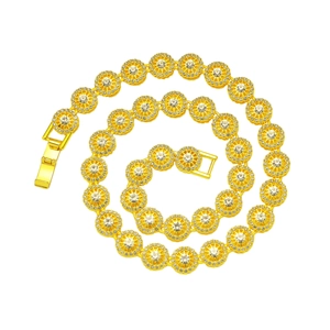 Golden hip hop iced out necklace with round clusters of white crystals in spiral arrangement