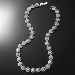 Men's hip hop silver iced out necklace with round rhinestone links on black reflection