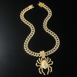 Collier Pendentif Araignée Punk Hip Hop pour Homme Strass Iced Out Alliage Chaîne Cubaine Bijoux de Mode Streetwear