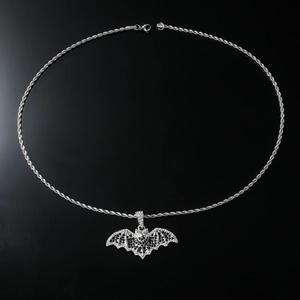 Gothic bat pendant necklace with black white crystals on silver rope chain