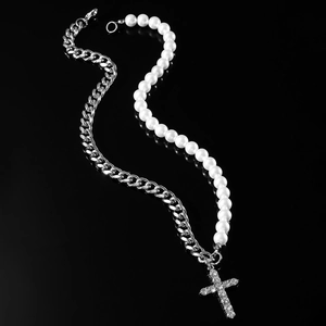 Collier D'épissage En Alliage Avec Künstliche Perles D'imitation Et Chaîne Cubaine Pendentif Croix En Strass Bijoux Punk Mode Pour Hommes Femmes