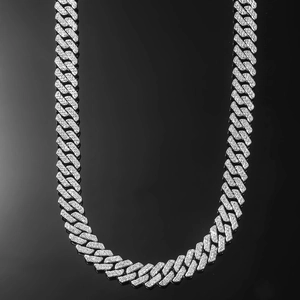 Close-up of hip hop silver Cuban link chain with luxury iced out white zircons