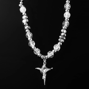 Hip Hop Star Cross Pendant Necklace For Unisex Alloy Rhinestone Cuban Chain Icy Crackle beads Y2K Streetwear Jewelry