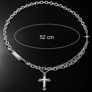 52cm hip hop silver double layer stainless steel cross pendant necklace with chain detail