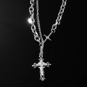 Hip Hop Double Layer Cross Pendant Necklace Men Women Titanium Steel Spliced Chain Gothic Rhinestone Cross Necklace Jewelry