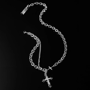 Double-layered stainless steel cross pendant necklace with rectangular tag and crystal detail