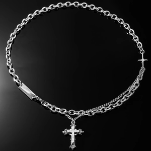 Double-layered hip hop cross necklace with sparkling crystal inlay and steel chain