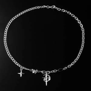 Hip hop titanium steel chain necklace with star and cross pendants on black reflective surface
