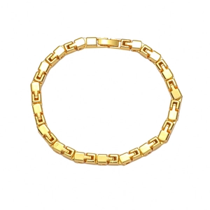 Detailed top view of a gold chain bracelet with geometric rectangular linked elements