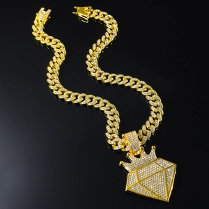 Collana Hip Hop Iced Out Con Pendente a Corona e Diamante Lega di Zinco Strass Catena Cubana per Uomo Donna Gioielli Streetwear