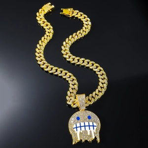 Lussuoso Ciondolo Emoji con Faccia di Ghiaccio Catena a Maglia Cubana Pieno di Strass Collana in Lega di Zinco per Uomo Donna Stile Street Punk Gioielli