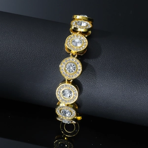 Men's hip hop gold iced out round link bracelet with sparkling rhinestones and crystal studs