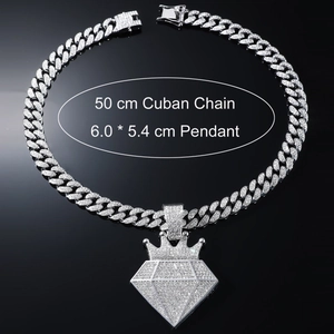 Collana hip hop con pendente a corona con strass e catena cubana argento da 50 cm