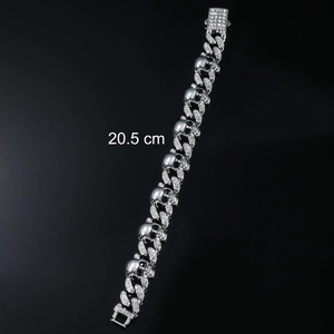 Bracciale cubano con teschio d'argento e strass chiari di lunghezza pari a 20,5 cm
