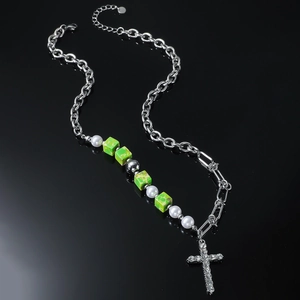 Hip Hop Cross Pendant Necklace Titanium Steel Silver Mixed Chain Rhinestones Faux Artificial Pearls Green Beads Unisex Streetwear