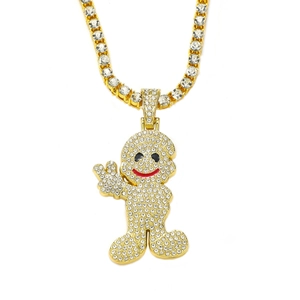 Collana tennis 5mm dorata con pendente a forma di cartone animato ricoperto di brillanti