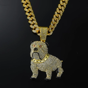 Pendaglio a forma di bulldog hip hop con catena miami cuban e zirconi bianchi lucidi