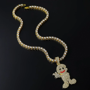 Collana con Ciondolo Ragazzo Cartone Animato Iced Out Hip Hop per Uomo Lega Strass Catena Tennis Bling Gioielli Streetwear
