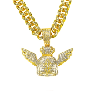 Hip-Hop Engelenvleugels Vliegende Geldzak Hanger Halsketting Volledig Strass Dollarteken Hanger Met Iced Out Cubaanse Schakelketting Heren Sieraden