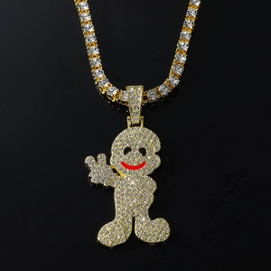 Pendaglio cartoon hip hop con cristalli su catena tennis dorata da 5mm elegante